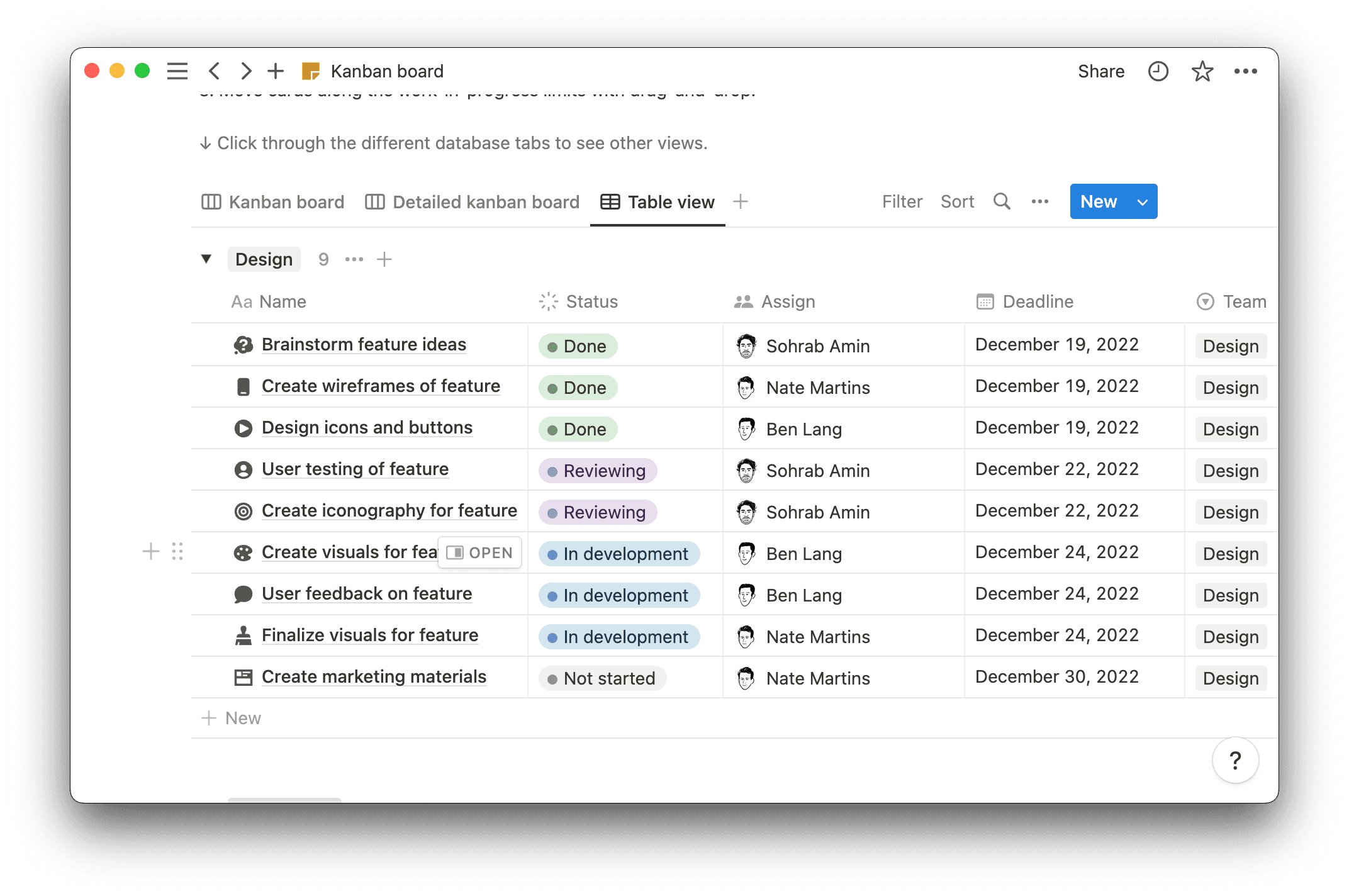 Kanban board table view