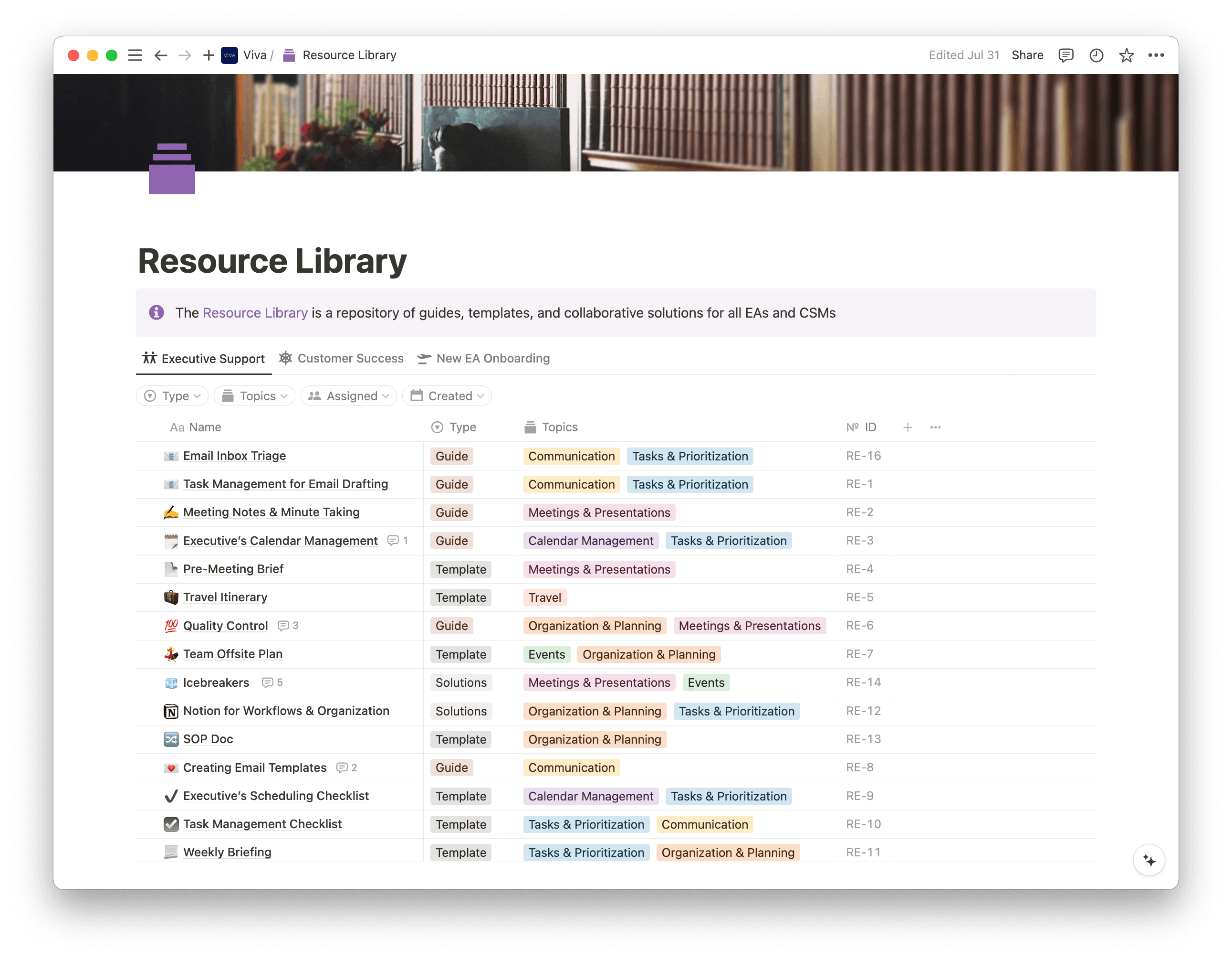 Viva's Resource Library in Notion serves as a comprehensive knowledge base designed to streamline the onboarding process for new team members and facilitate collaboration on best practices among existing EAs.