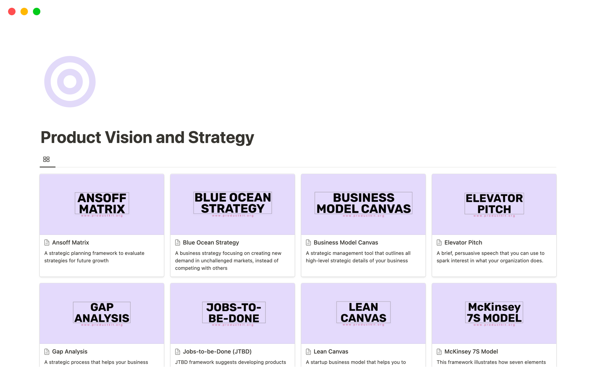 Eine Vorlagenvorschau für Product Vision and Strategy