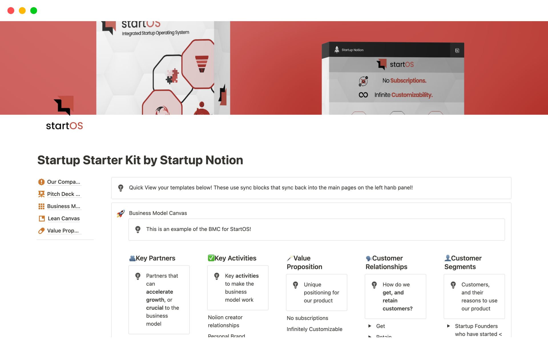 Eine Vorlagenvorschau für Startup Starter Kit by Startup Notion