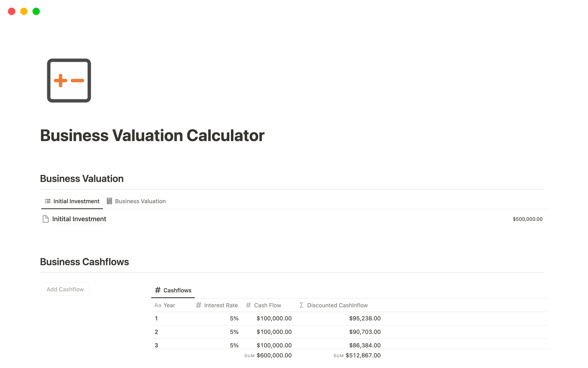 Eine Vorlagenvorschau für Business Valuation Calculator